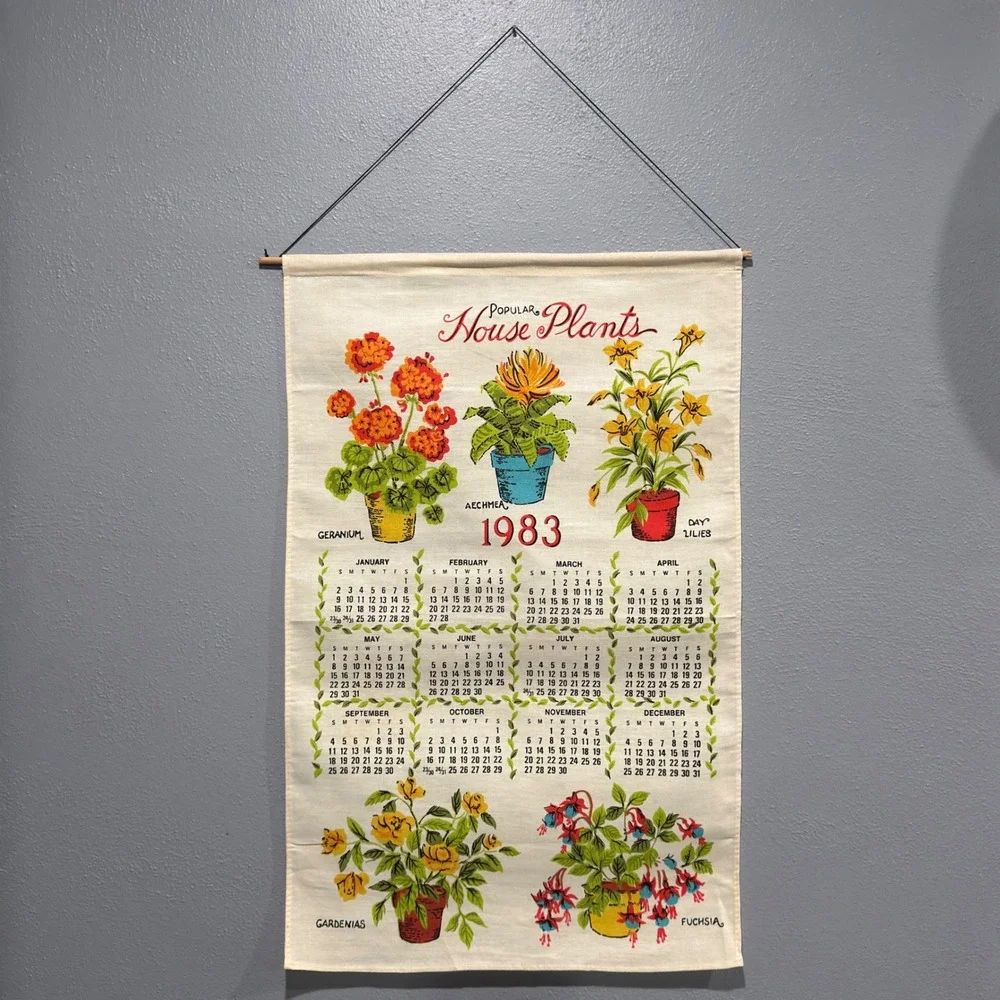 Vintage 1983 Popular House Plants Linen Calendar Tea Towel Wall Hanging Retro